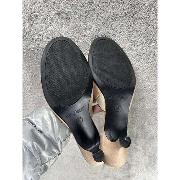 Vtg Y2k White Stag Woman’s 8 Tan Faux Silk Kitten Heels Slide Sandals Sexy - Picture 6 of 7